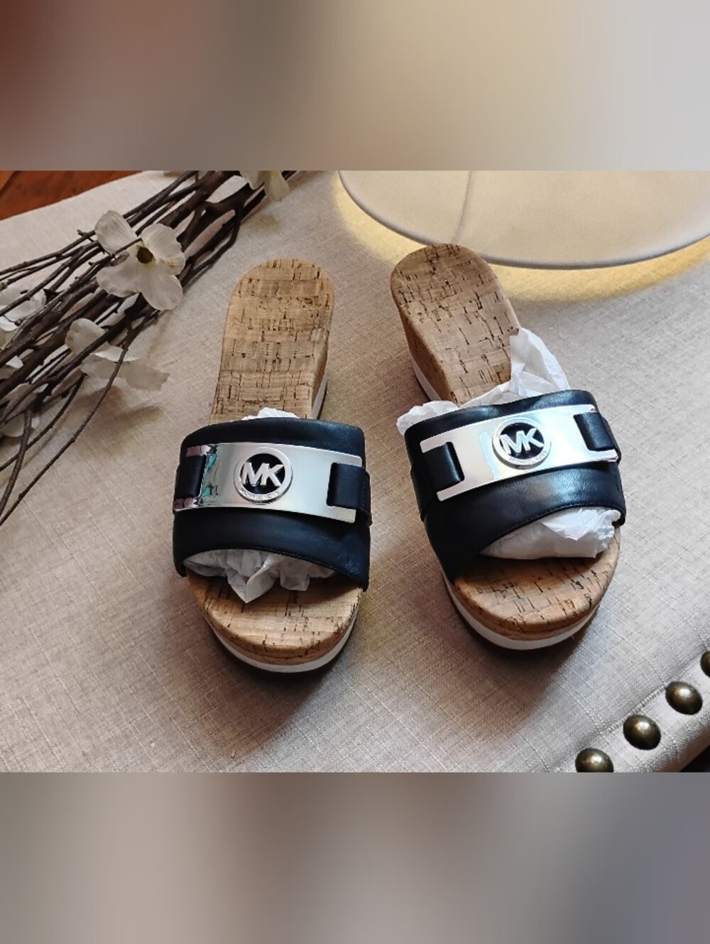 Michael Kors Warren Platform Slide Sandals. Black With Silver Hardware. 8 M